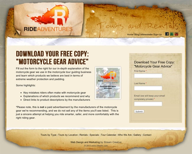 ride adventure results landing page